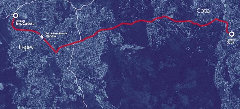 Harta e corredor BRT metropolitano Itapevi-Cotia