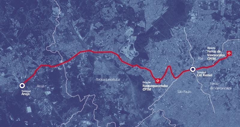 Harta e corredor BRT metropolitano Perimetral Alto Tietê